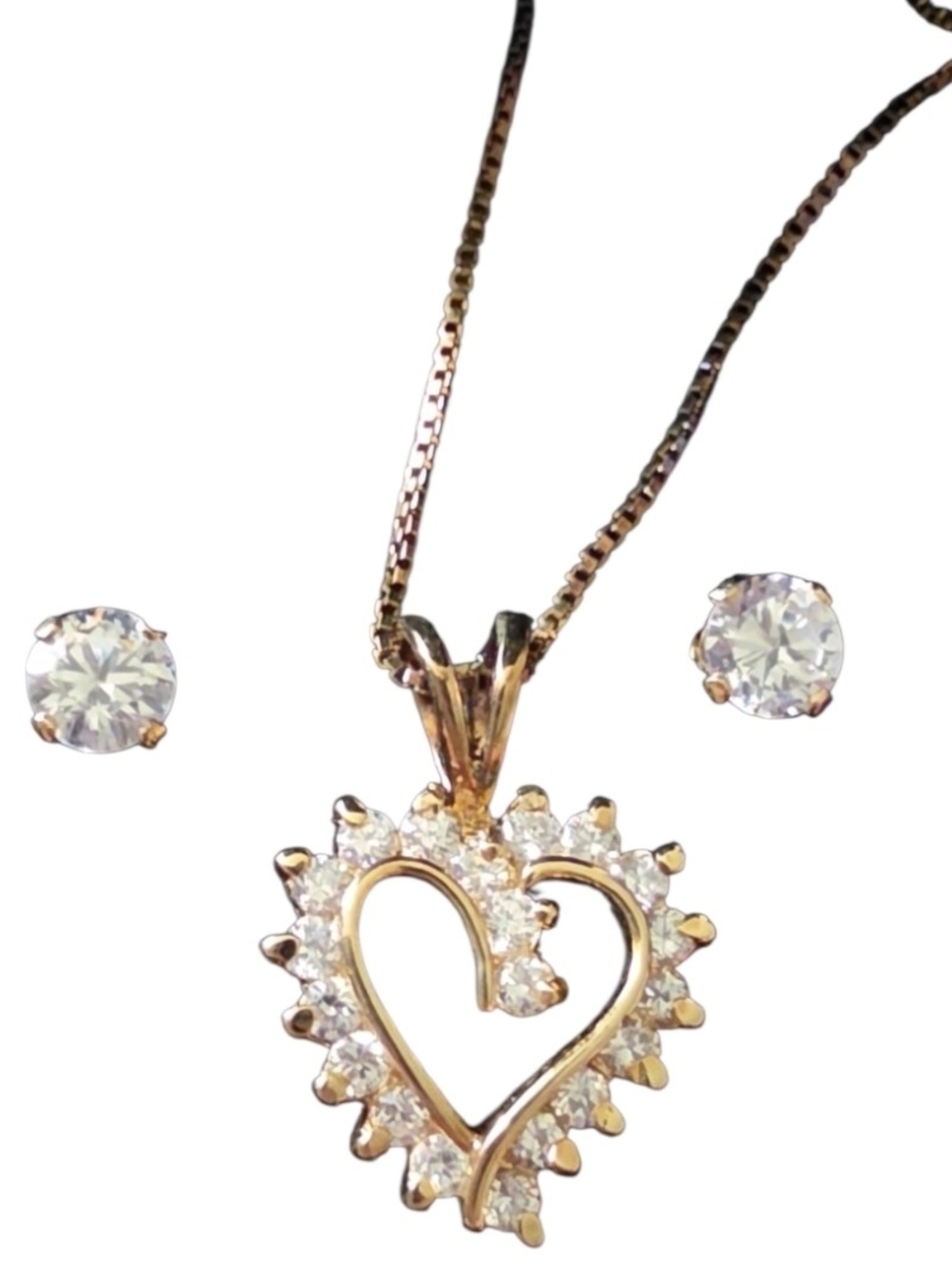 18 KT Gold Over S.S. Heart Pendant Necklace and Stud  Cubic Zirconia Earting Set